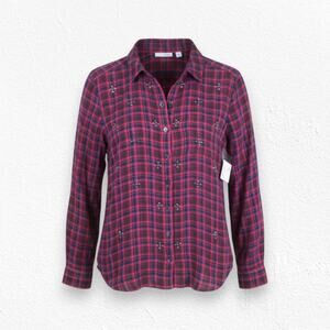 Halogen Embellished Plaid Button Down Shirt Red Jewel Detail Flannel Size Medium